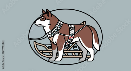Siberian Husky Dog with Sled Harness, Arctic Animal Illustration