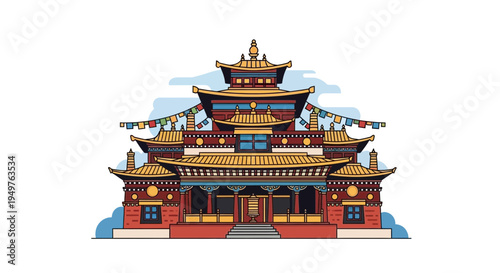 Tibetan Buddhist Monastery, Colorful Temple Architecture, Prayer Flags