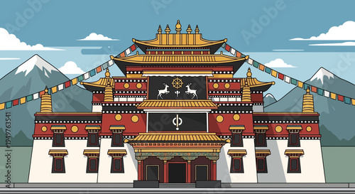 Tibetan Monastery Temple Buddhist Architecture Mountains Prayer Flags