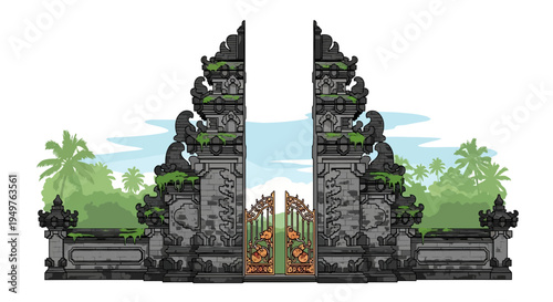 Traditional Balinese Gate and Tropical Jungle Landscape