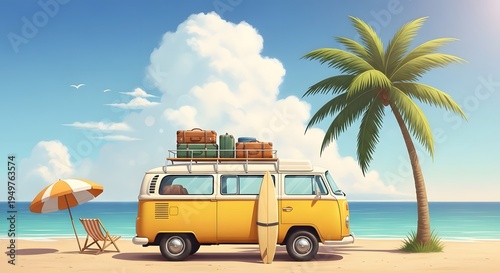 Beach vacation vw van with surfboard and luggage