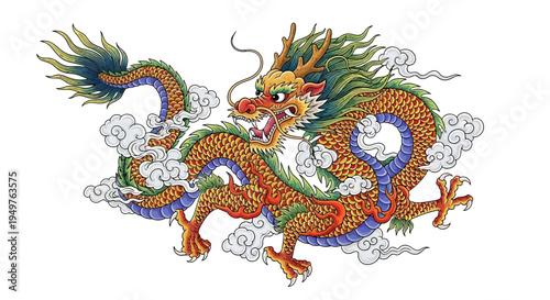 Traditional Chinese Dragon Illustration - Majestic Celestial Serpent in Clouds