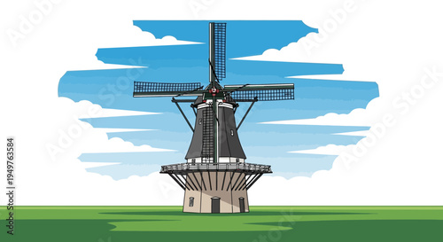 Traditional Dutch Windmill Illustration - Historic Landmark