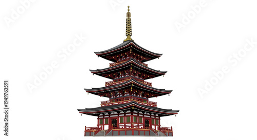 Traditional Japanese Pagoda Architecture Isolated on White Background