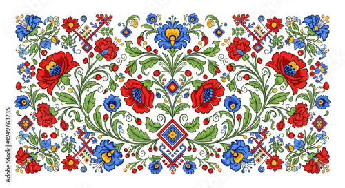 Vibrant Ukrainian Folk Embroidery Pattern with Poppies and Blue Flowers