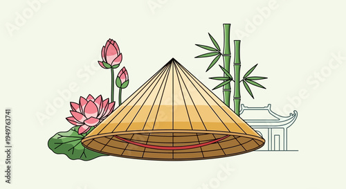 Obraz na płótnie Vietnamese Conical Hat (Non La), Lotus Flowers, Bamboo, Traditional Pagoda Outli