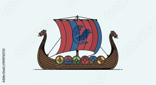 Viking Ship Illustration with Raven Symbol on Sail and Shields