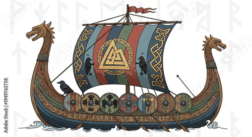 Viking Longship with Raven Figurehead and Rune Symbols