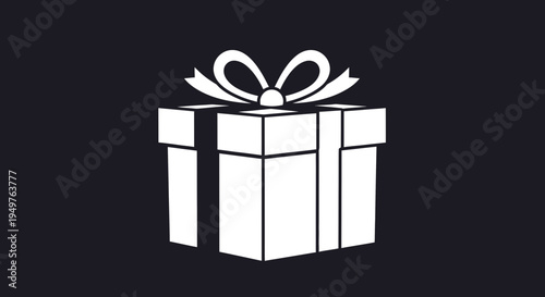 White Gift Box with Ribbon Bow Icon on Dark Background, Vector Illustration