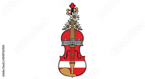 Austrian Flag Violin with Edelweiss and Buildings Illustration