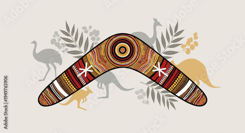 Australian Boomerang Art with Wildlife Silhouettes and Flora