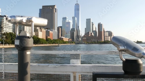New York City Manhattan downtown financial district skyline, United States. Urban waterfront cityscape, World Trade Center skyscraper building, Hudson River Park, riverfront promenade tower viewer.