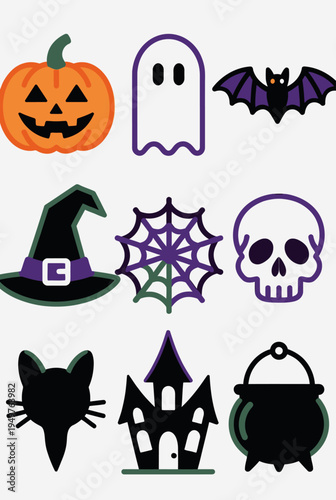 Collection of spooky Halloween icons including a pumpkin, ghost, bat, witch hat, spider web, skull, black cat, haunted house, and cauldron, perfect for holiday decorations and crafts