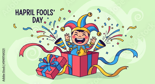 Jester emerges from colorful gift box on april fools' day with confetti and ribbons