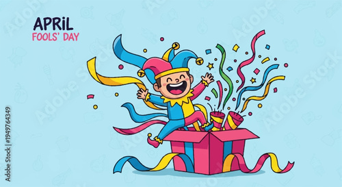 Jester jumping out of colorful gift box on april fools' day with confetti and ribbons