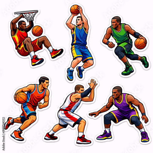 Six dynamic cartoon illustrations of male basketball players in various action poses, including shooting, dribbling, and defending on the court.