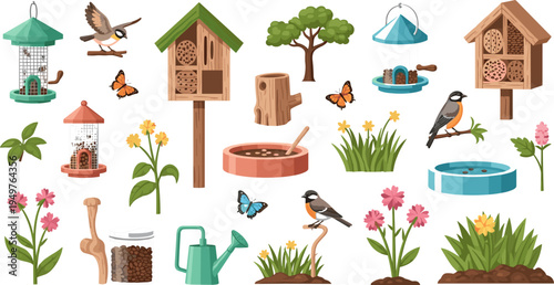 Bird Care and Gardening Set with Birdhouses, Bird Feeders, Watering Can, Gloves, Flowers, and Butterfly Garden Elements