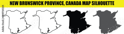 new brunswick province canada map silhouette in four styles flat, outline, solid, and halftone dotted for your design