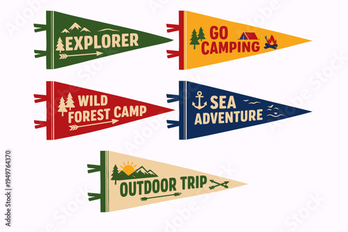 Five colorful vintage-style pennants with outdoor adventure themes like explorer, camping, wild forest, sea adventure, and outdoor trip.
