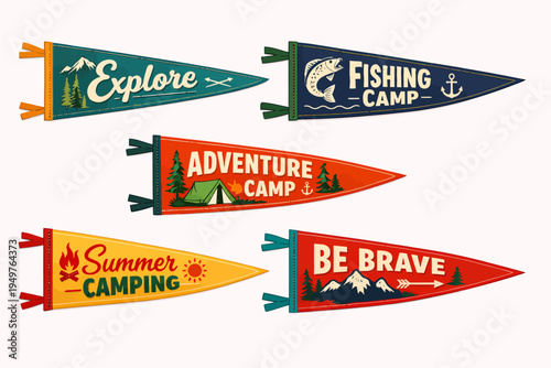 A collection of five colorful vintage-style pennant flags featuring outdoor adventure, camping, fishing, and exploration themes with text and nature illustrations.