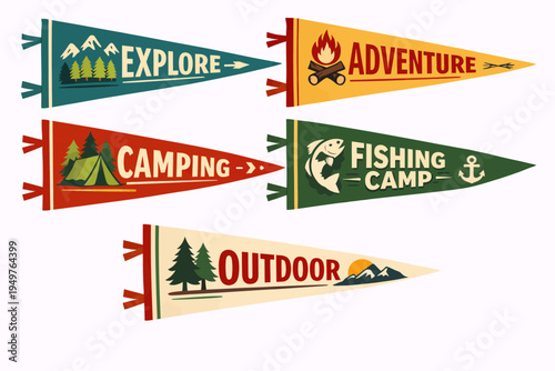 Five vintage-style pennant flags with outdoor adventure themes like explore, camping, fishing, and general outdoor activities.