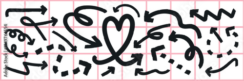 A collection of black arrows and heart doodles on a grid background. Arrows point in various directions. Heart and arrows create a playful, dynamic design. Element vector set.