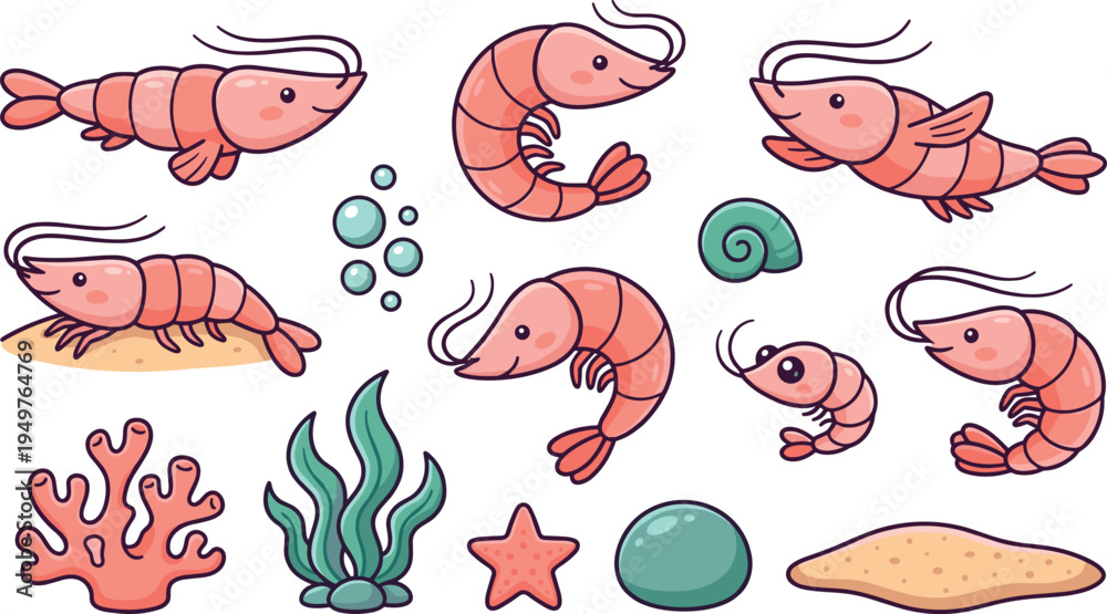 Obraz premium Cute Cartoon Shrimp Character Set with Coral Seaweed Starfish Vector Illustration