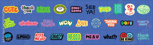 Colorful stickers with phrases like 'thank you', 'be kind', and 'awesome'. Express 'thank you' and 'be kind' with vibrant, fun designs. Fun typography illustration vector set.