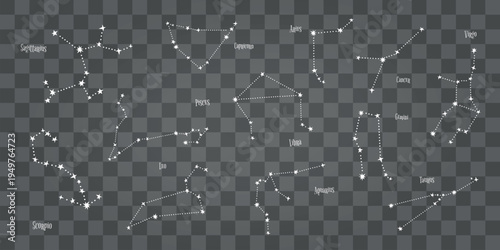 Set of zodiac constellations on transparent background. Includes Aries, Taurus, Gemini, Cancer, Leo, Virgo, Libra, Scorpio, Sagittarius, Capricorn, Aquarius, Pisces. Vector element set.