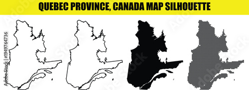 Quebec province canada map silhouette set with multiple styles like solid fill outline drawing and halftone point patterns