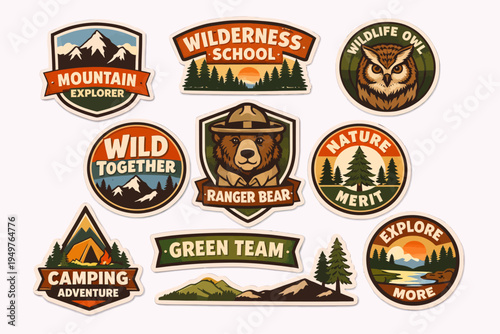 A collection of vintage-style outdoor adventure and nature exploration badges and patches featuring mountains, forests, wildlife, and camping themes.