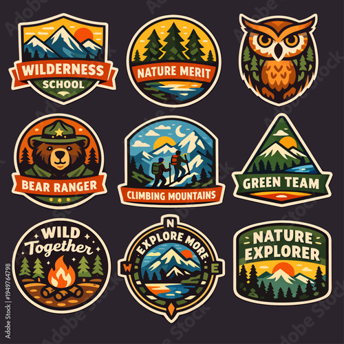 A collection of nine colorful vintage-style outdoor adventure and nature exploration badges featuring mountains, forests, animals, and camping themes.