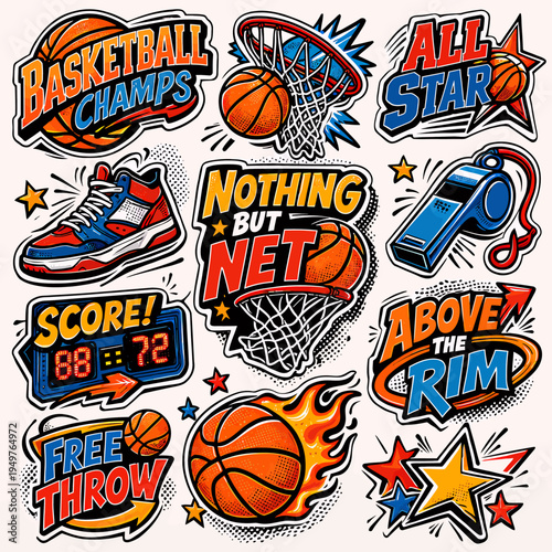 A vibrant collection of basketball-themed stickers and badges featuring various elements like balls, hoops, shoes, whistles, and motivational phrases.