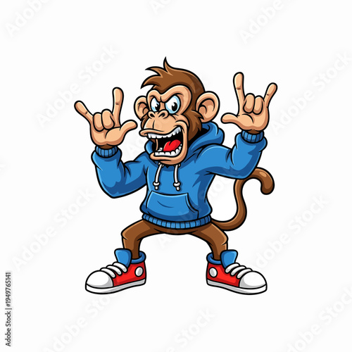 Cartoon Monkey in Blue Hoodie Making Rock On Gesture