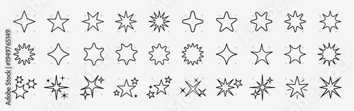Collection of star icons in various shapes. Stars with points, starbursts, and star outlines. Diverse star designs for creative projects and star-themed decor. Element vector collection.