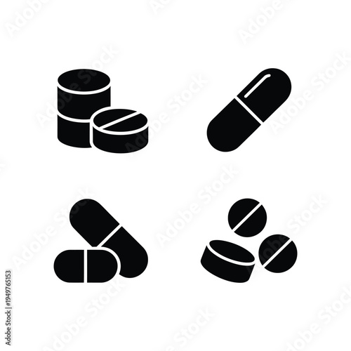 Medicine pill and capsule line icon set, pharmaceutical drug tablet and healthcare outline symbols, simple medical medication icons for pharmacy, prescription treatment and healthcare services