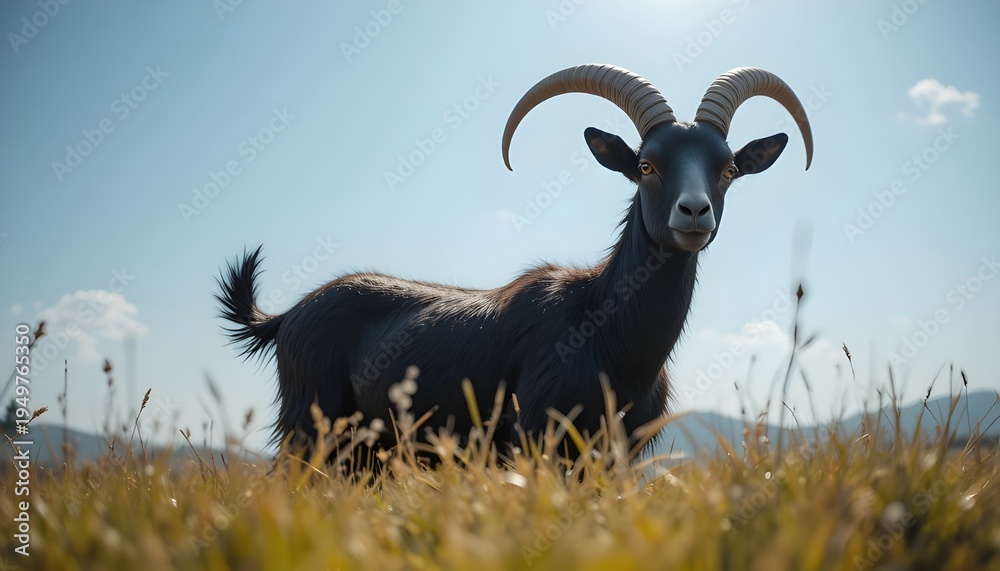 Obraz premium Black strong Qurbani goat in open pasture sunlight