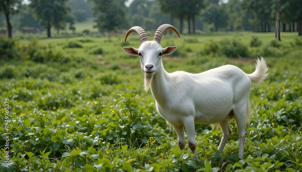 Naklejka premium White Qurbani goat standing in green village field, natural light