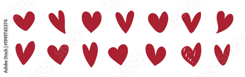 A pattern of red hearts in various styles. Red hearts repeated in a row. Heart designs in red, creating a love-themed pattern. Red hearts, love, and pattern. Valentine's element vector set.