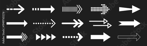 Set of white arrows on a black background. Various arrow designs include dotted, curved, and straight. Arrows pointing right in different styles. Element vector set.