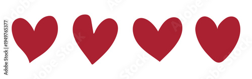 A pattern of red hearts in various styles. Red hearts repeated in a row. Heart designs in red, creating a love-themed pattern. Red hearts, love, and pattern. Valentine's element vector set.