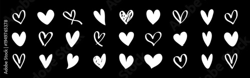 A collection of white heart doodles on a black background. Heart shapes vary in style. Simple heart doodles, playful heart designs, black and white theme. Valentine's element vector set.