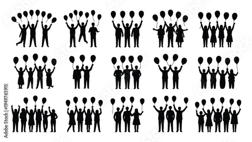 Collection of black silhouette icons depicting diverse groups of people celebrating with balloons in various poses on white background