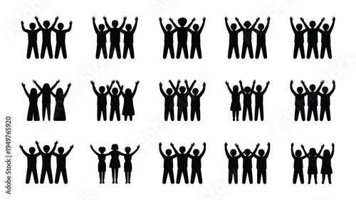 Set of 12 unity and friendship silhouettes with raised arms in black on white background for teamwork and togetherness concepts