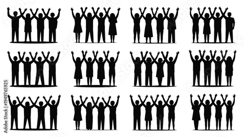 Set of twelve unity and friendship silhouettes with people raising arms in celebration on white background