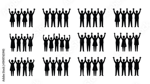 Set of 12 unity and friendship silhouettes with raised hands in black on white background symbolizing teamwork and solidarity