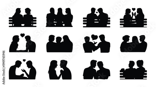 Collection of 12 best friend moment silhouettes on bench with heart symbols