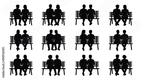 Collection of best friend moments in silhouette people sitting on benches together in various poses black icons on white background