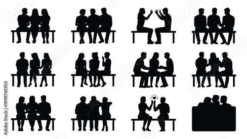 Collection of black silhouettes depicting various social interactions and friendships