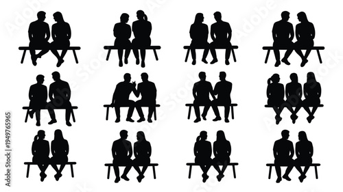 Collection of best friend moments people sitting on benches in various poses silhouettes social connections friendship relationships people interacting casual gatherings